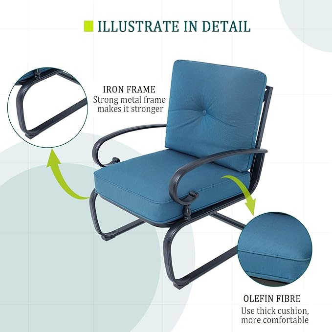4 Pcs Outdoor Wrought Iron Furniture Patio Conversation Set with Glider Loveseat, 2 Spring Chairs, and Coffee Table (Peacock Blue)