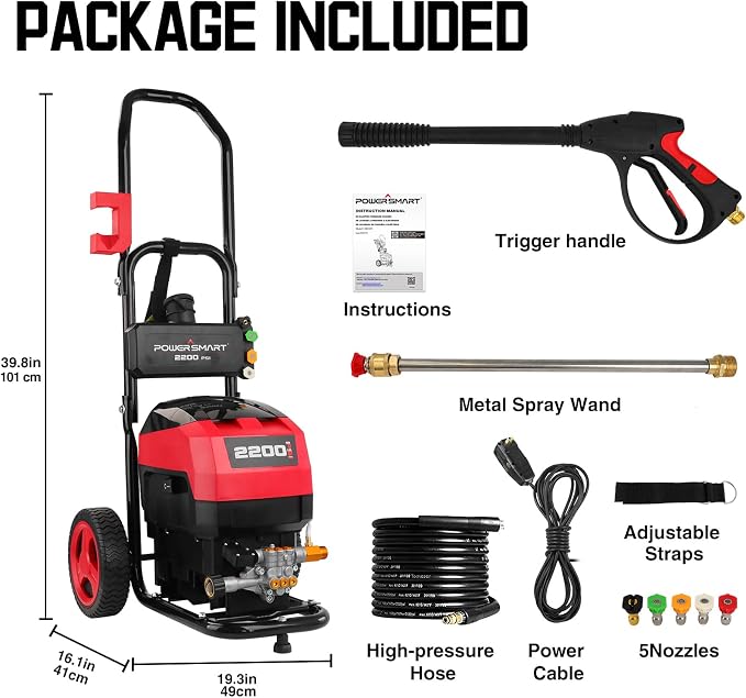 PowerSmart Electric Pressure Washer 1.2 GPM with Onboard Soap Tank, Metal Spray Wand, 5 Nozzle Set for Cars, Patio, Decks, and Fences (DB1001)