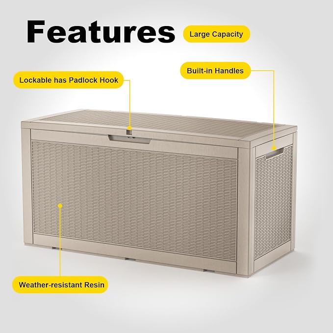 Outdoor Waterproof Resin Storage Deck Box Lockable Outside Bench UV Resistant Bin Patio Porch Furniture Pool Float Garden Tool Cushion