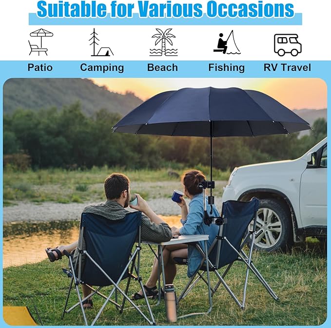 Beach Chair Umbrella with Clamp 360° Adjustable Clip On Umbrella for Camping Chair UPF 50+ UV Protection Sun Shade Portable Stroller Umbrellas for Travel, Wheelchair, Boat, Patio, Golf Cart
