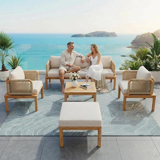 Patio Furniture Set-Single Chair, Outdoor Sectional Furniture with Rope Armrests and Thick Washable Cushions, All-Weather Patio Conversation Set for Backyard, Garden and Poolside (Series A)