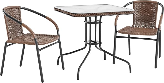 Flash Furniture Lila 3-Piece 28" Square Indoor/Outdoor Patio Table and Chairs Set, Glass Metal Bistro Table and 2 Stacking Rattan Chairs, Brown | Tempered Glass, Dark Brown Rattan Edging, 2 Rattan Stack Chairs
