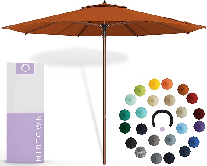 Midtown Umbrellas The Wooden 8 Feet Patio Umbrella With Sunbrella Terracotta Acrylic Fabric - Aluminum Frame Market Umbrella For Backyard, Deck, Garden, Pool - Wooden Pole