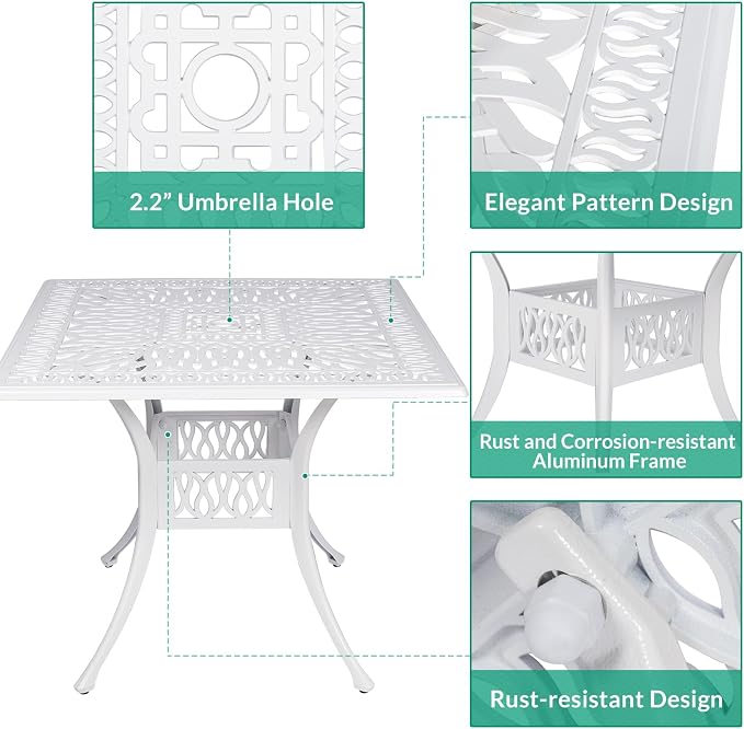 VIVIJASON 35.4" Outdoor Patio Dining Square Table White Cast Aluminum Rustic Large Patio Table with Umbrella Hole