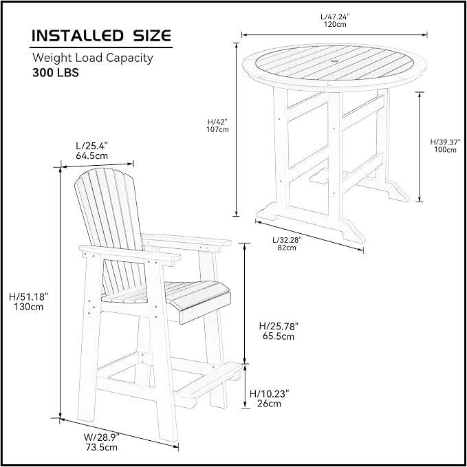 Outdoor Bar Height Table and Chairs Set of 3, Round Counter Bar Table with 1.96" Umbrella Hole, 2 Pcs Tall Adirondack Chairs Bar Stools with Arm, Patio Dining Set for Backyard Deck Balcony Front Porch