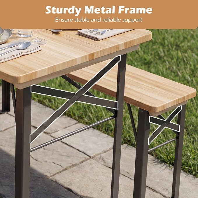 Tangkula 3 Piece Folding Picnic Table with 2 Benches, Foldable Wood Picnic Table Bench Set with Heavy-Duty Metal Frame for 4, Space-Saving Outside Table and Bench Set for Backyard, Patio, Garden
