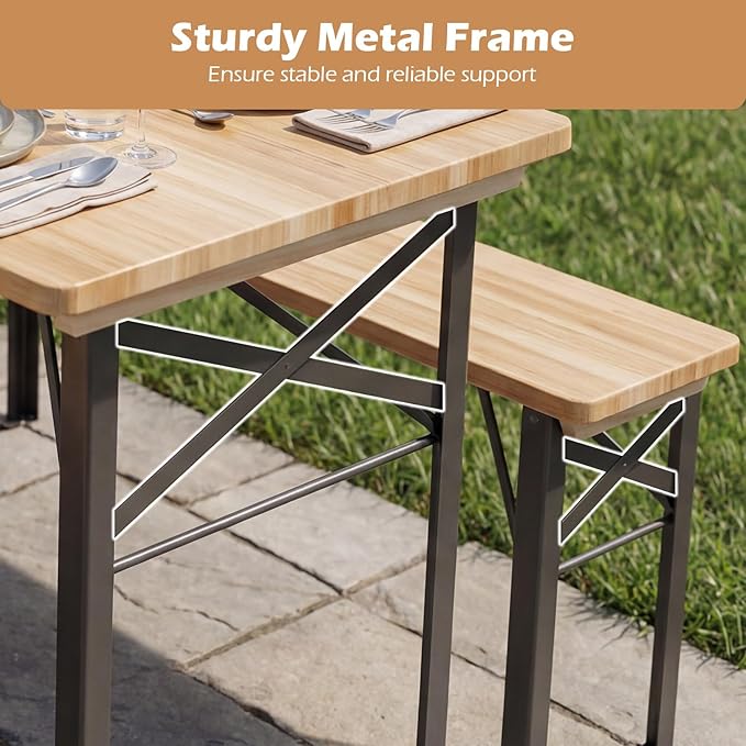 Byroce Folding Picnic Table Set with Benches, 47” Fir Wood Beer Table Set, Outdoor Dining Table with Heavy-Duty Metal Frame, Foldable Picnic Table for Patio, Garden, Backyard, BBQ & Parties (47")