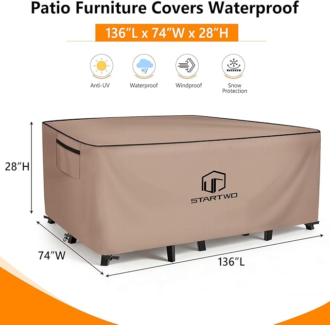 STARTWO Outdoor Furniture Covers Waterproof,Sofa,Table and Chairs General Purpose Patio Furniture Covers with Elastic Hem and Air Vents 136L x 74W x 28H inch