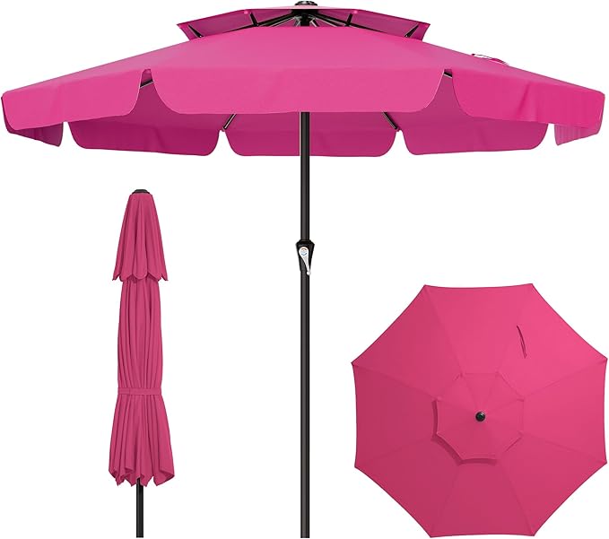 AreShark 12ft 2-Tier Patio Umbrella with Valance - Outdoor Umbrella Waterproof UV Protection, Market Table Umbrella w/ 8 Sturdy Ribs&Crank for Pool, Backyard, Garden(Rose Pink)