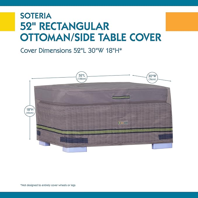 DUCKCOVERS® Soteria Waterproof 52 Inch Rectangular Patio Ottoman/Side Table Cover, Outdoor Ottoman Cover