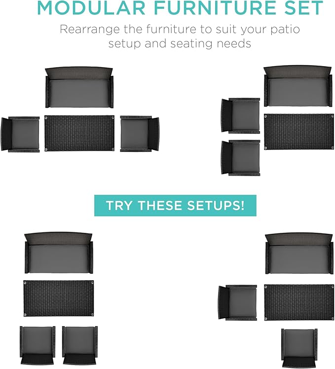 Best Choice Products 4-Piece Outdoor Wicker Patio Conversation Furniture Set for Backyard w/Coffee Table, Seat Cushions - Black/Gray