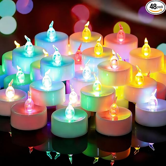 48 Pack Slowly Color Changing Tea Lights Battery Operated, Flameless Electric Colored Flicker Votive TeaLights, Colorful Flickering Candles Bulk for Christmas Party Halloween Pumpkin Decorations