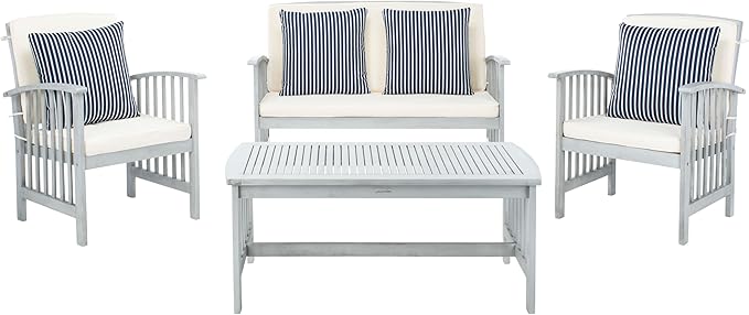 SAFAVIEH Outdoor Collection Rocklin Grey / Beige Cushions/ Stripe Pillows 4-Piece Conversation Patio Set