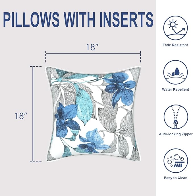 Outdoor Throw Pillows Inners, Fade Resistant Patio Furniture Square Pillows with Piping Set of 2 for Patio Furniture, 18x18 Inch, Clemens Blue