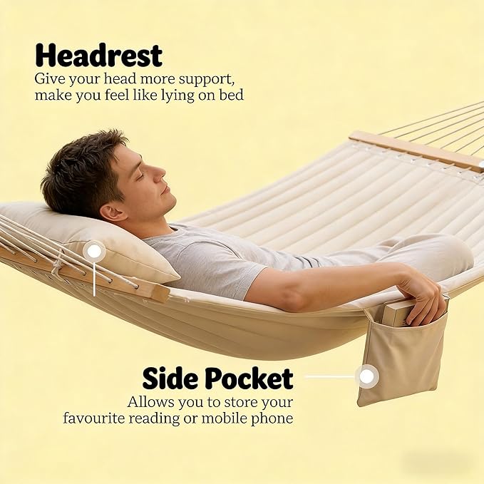 2-Person Tree Hammock Outdoor, Portable Double Hammock Without Stand, Detachable Headrest Magazine Pocket, 450 lbs Capacity, Camping Patio Backyard Indoor Outdoor Hammock Bed (Cream White)
