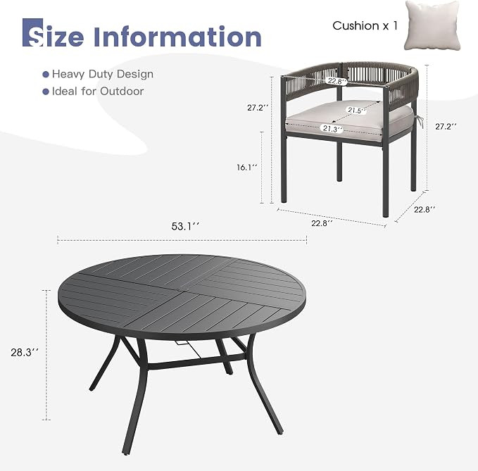 VICLLAX Patio Dining Set, 53.1" Black Table & 6 Chairs with Wheat Cushion | Outdoor Table and Chairs Set of Round Metal Patio Table, Outdoor Dining Chairs with Metal Frame, Garden Deck Porch