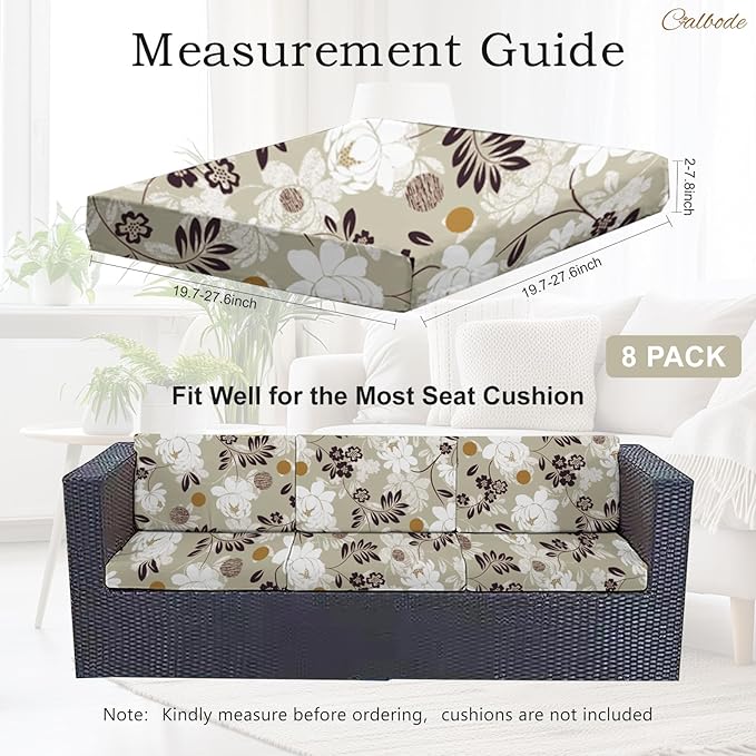 CALBODE 8 Pcs Waterproof Patio Cushion Covers, Floral Printed Stretch Outdoor Sofa Cover for Patio Furniture, Washable Chair Covers Reusable Furniture Protector for Fall Decor (Brown, Cover Only)