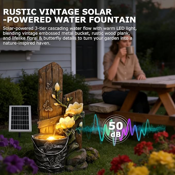 30.7" Tall Solar Water Fountain Outdoor Garden, 3 Tier Rustic Solar Powered Fountain Outdoor Faux Iron Bucket with LED Lights for Garden, Patio, Backyard, Deck, Porch, Yard
