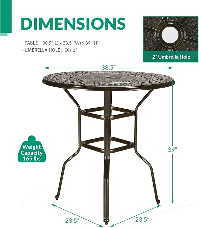 VIVIJASON 38.5" Patio Height Bar Table, All-Weather Cast Aluminum Bar Bistro Table Outdoor Patio Round Dining Table with Umbrella Hole for Balcony, Lawn, Garden, Backyard, Antique Bronze