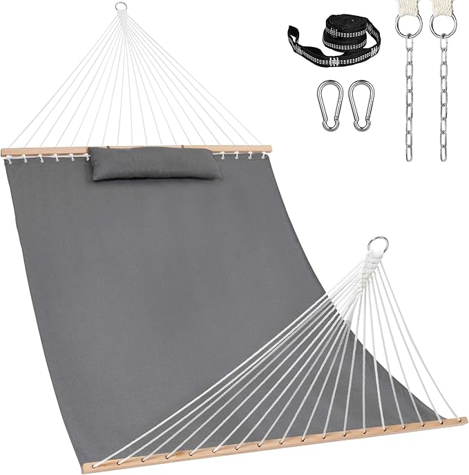 Lazy Daze Hammocks 12 FT Sunbrella Fabric Hammock not Fading with Spreader Bars and Free Pillow Fits for 2 Persons, All Weather and Fade Resistant for Patio Yard, 450 lbs Capacity, Cast Slate
