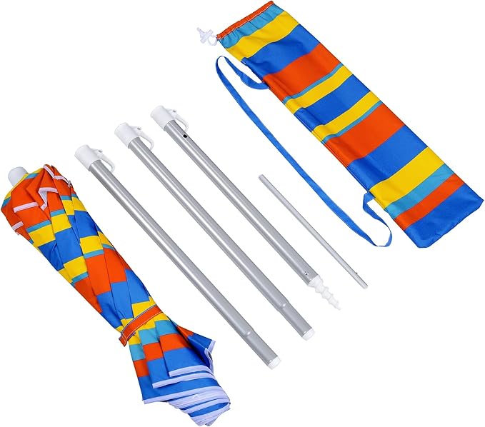 6.5 ft Beach Umbrella with Sand Anchor & Tilt Mechanism - Heavy Duty Wind Resistant UV 50+ Portable, Outdoor Folding Umbrella for Beach, Pool, Patio, GardenProtection Fits in a large Suitcase for Patio Garden Beach Pool Backyard, Blue Multi Stripe CH-1504