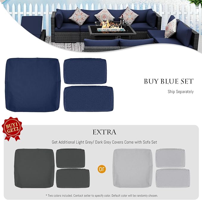 BULEXYARD 9 Pieces Highback Wicker Patio Furniture Set with Firepit, High Weight Capacity Outdoor Sectional Couch Sofa 8-Seater Modular, Plus Comfortable Wide Deep Deck Seating Group, Grey & Navy Blue