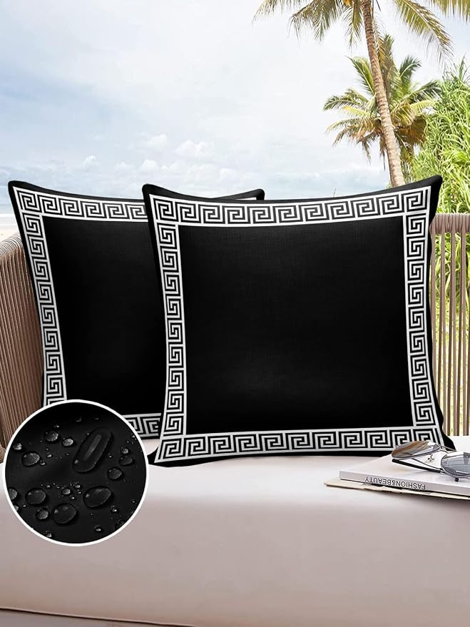 Prime Leader Outdoor Waterproof Pillow Covers Set of 2, Chinese Style Pattern Black Background Patio Throw Pillow Covers, Decorative Cushion Case for Couch Sofa Furniture Garden, 16x16 Inch