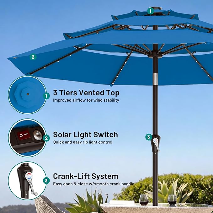 AreShark 9ft 3 Tiers Patio Umbrella with Solar Lights, Outdoor Umbrella w/ 32 LED Lights&8 Sturdy Ribs, Table Umbrella for Deck, Backyard, Pool (Royal Blue)
