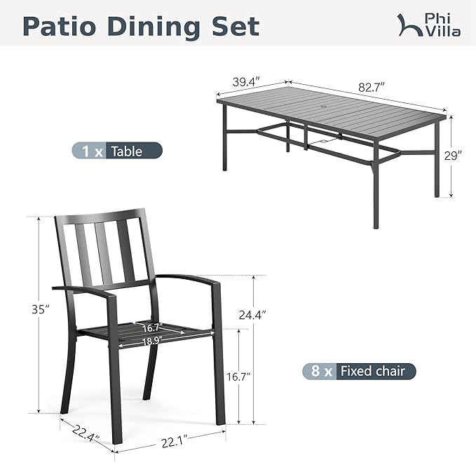 PHI VILLA 9 Pieces Outdoor Dining Set for 8, 83“ Rectangular Metal Table with Umbrella Hole & Stackable Black Wrought Iron Chairs, Large Outside Furniture for Patio, Deck, Yard, Porch