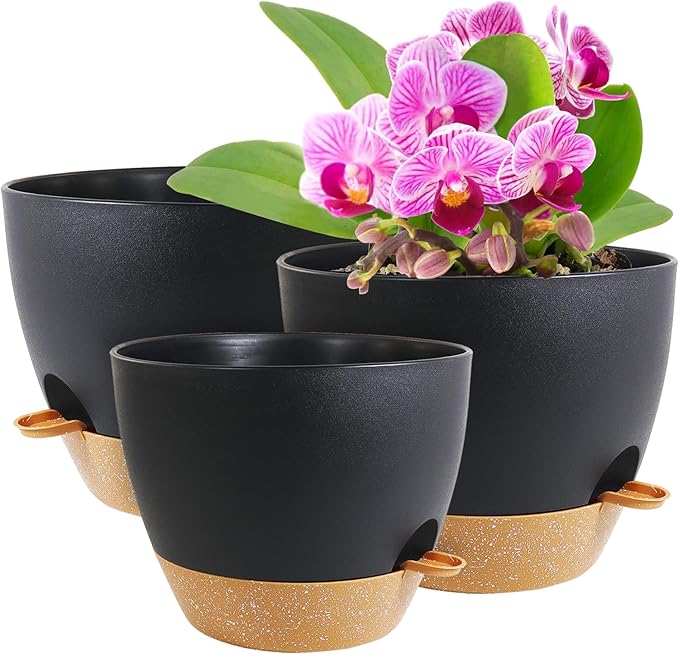 WSMKSZ 10/9/8 inch Medium Self Watering Pots, Planter, Plant Pots with Mesh Drainage Holes for Indoor Outdoor Garden Plants, Plastic Flower Pots with Removable Deep Reservoir, Black with Brown