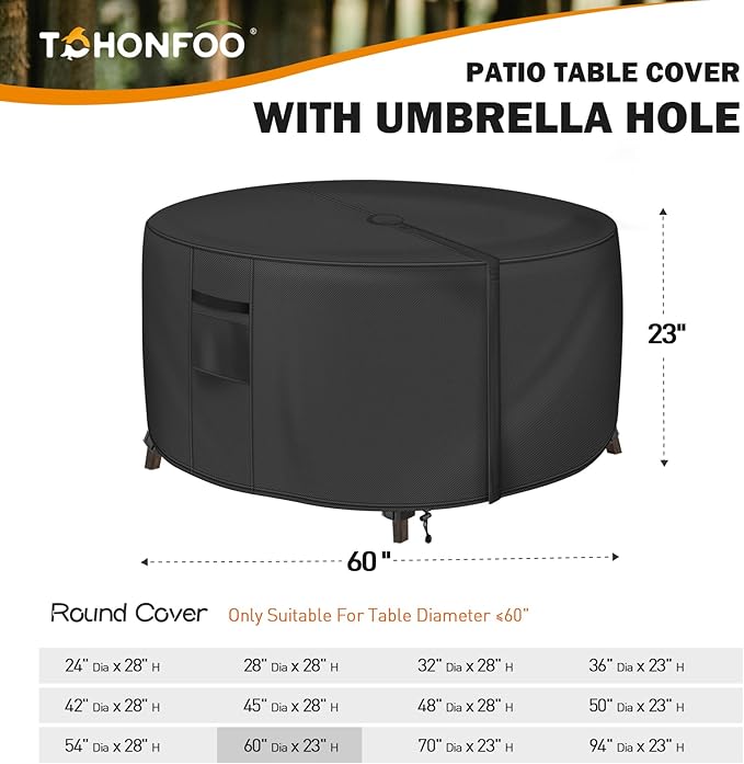 Round Patio Table Cover with Umbrella Hole - 60"DIA x 23"H (COVER SIZE，NOT TABLE SIZE) Heavy Duty Waterproof 600D Oxford Fabric Outdoor Lawn Patio Furniture Covers