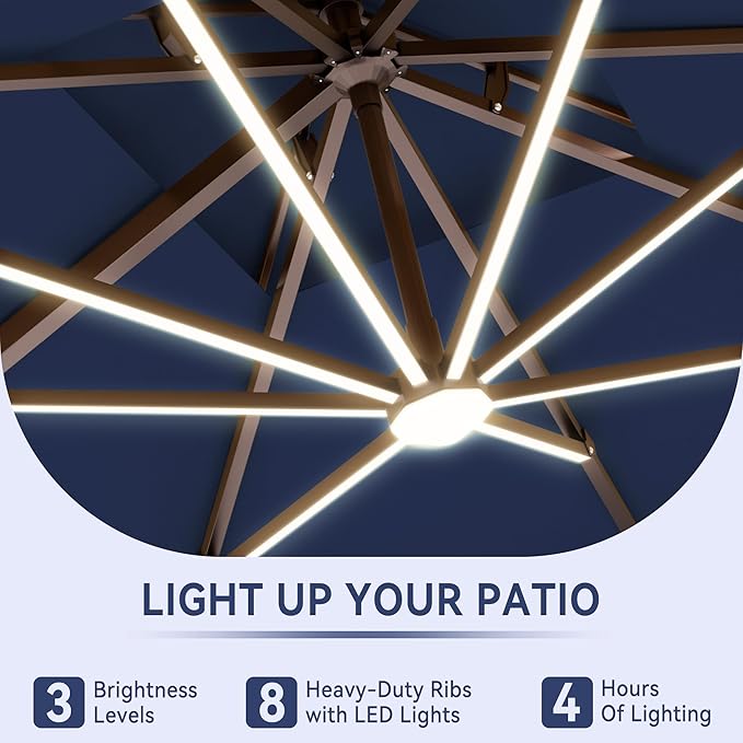 9 X 12 FT Cantilever Outdoor Patio Umbrella with Base Included Large Heavy Duty 360° Rotation Double Top Offset Rectangular Umbrellas with LED Lights for Backyard Outside Deck, Navy