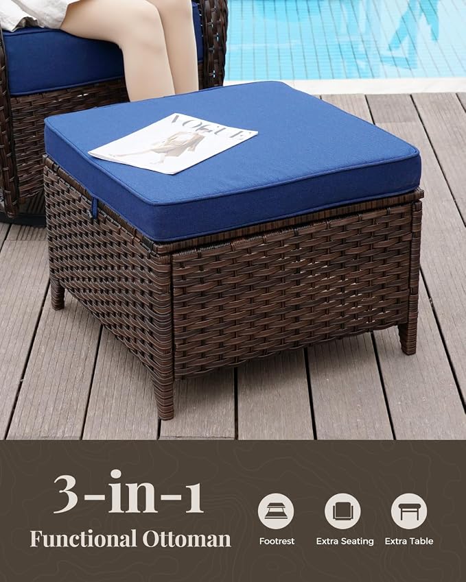 Patio Furniture Set with Luxury 6" Cushions, 7 Pieces High Back Swivel Rocking Patio Chairs, Couch and Ottoman, Outdoor Wicker Conversation Set for Deck, Porch, Backyard, Poolside, Blue