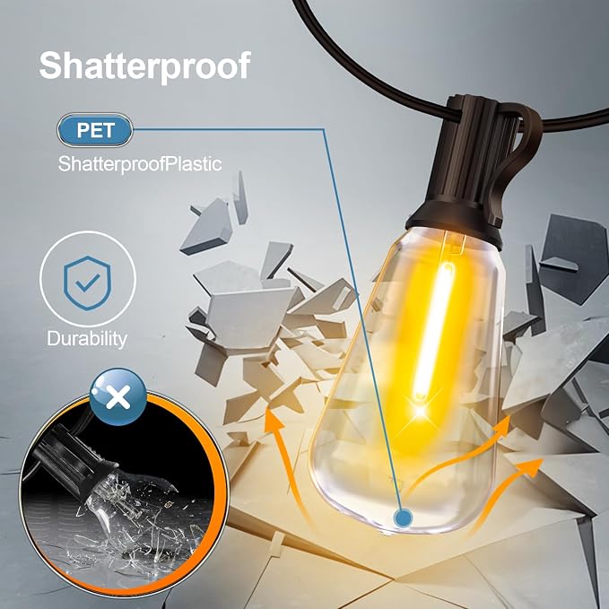 MGVIH Outdoor String Led Patio Lights - 50Ft 15M Outside Waterproof Light ST38 Shatterproof Bulb Connectable Hanging Outdoor Electric Lighting for Backyard Yard Gazebo Porch Party