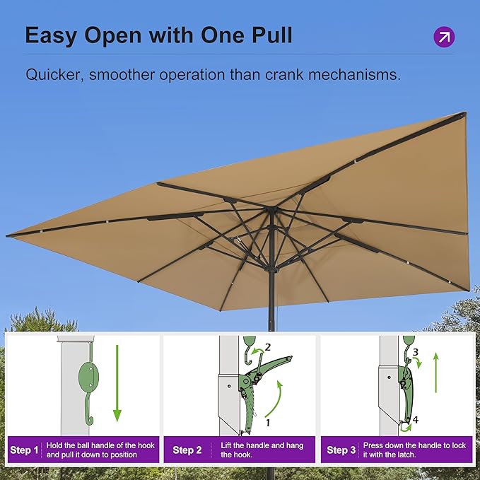PURPLE LEAF 16' x 16' Square Semi-Auto Outdoor Patio Umbrella Aluminium Market Umbrella Table Sun Umbrella with 3.15" Rod and 8 Sturdy Ribs for Deck Lawn Pool Garden, Beige