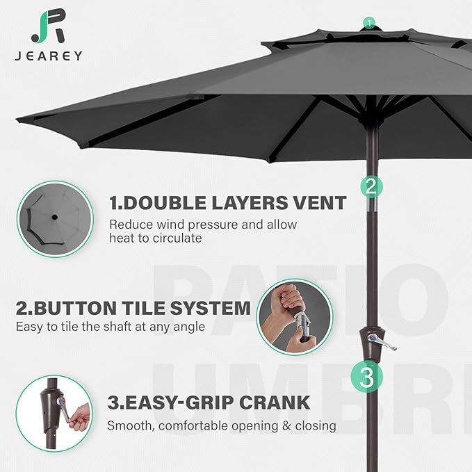 JEAREY 9' 2-Tiers Patio Umbrellas Outdoor Table Market Umbrella w/Push Button Tilt/Crank, 8 Sturdy Ribs, UV Protection Waterproof Sunproof(Gray)