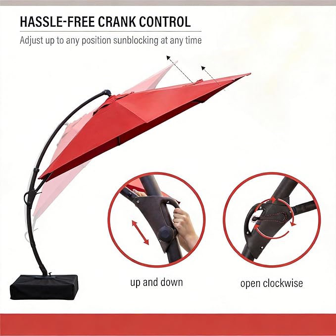 LAUSAINT HOME 12ft Patio Cantilever Umbrella with Base Included, Outdoor Curvy Round Offset Umbrella, Heavy Duty Aluminum, 360° Rotation for Pool, Deck, Lawn, Backyard (Red)