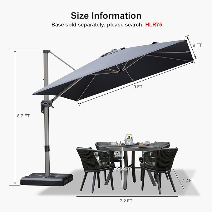 PURPLE LEAF 9’ X 9‘ Patio Umbrella Outdoor Cantilever Umbrella, Aluminum Offset Umbrella with Champagne Frame and 360° Rotation for Pool Deck Garden, Grey