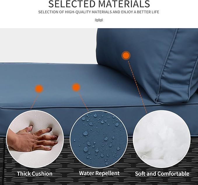 WAROOM Outdoor 5 Piece Patio Furniture Set, Black Rattan Conversation Couch Resin Wicker Sectional Sofa Outside Chair with Coffee Table, Navy Blue Cushion