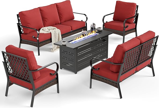 5 Piece Metal Outdoor Patio Furniture Sets with Firepit Table, Patio Conversation Sets 1 3-Seater Sofa, 1 Loveseat, 2 Single Sofa with 5.75" Cushion for Backyard Deck, Rust Red