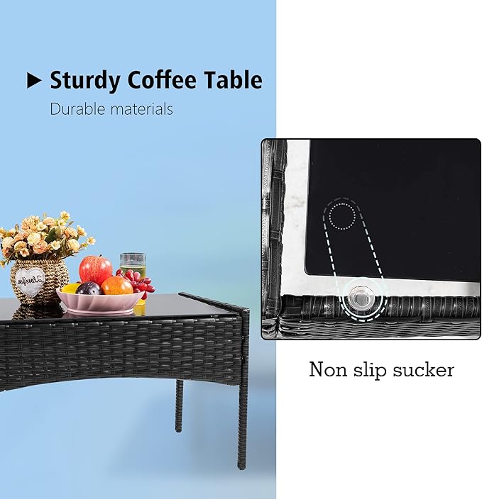 JAMFLY 4-Piece Outdoor Patio Furniture Set, PE Wicker Conversation Kit with Tempered Glass Table, All-Weather Seating for Small Porch, Balcony & Poolside, Washable Cushions, Black
