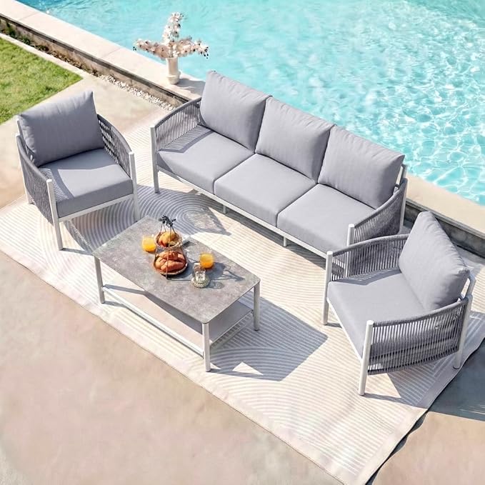 Aluminum Patio Furniture Set, 5 Seats Modern Outdoor Sectional Furniture with PE Rope & Dual-Layer Coffee Table, Luxury Patio Conversation Sets with 6" Cushions for Backyard/Garden, White
