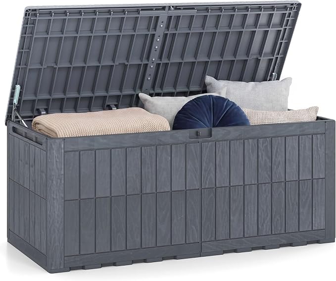 HAPPYGRILL 180 Gal Outdoor Deck Box, Lockable Storage Bin with Lid and Handles, Waterproof and Sun-Protective Patio Bench and Storage Box for Garden Tools Pool Supplies (Gray, 180Gallon)