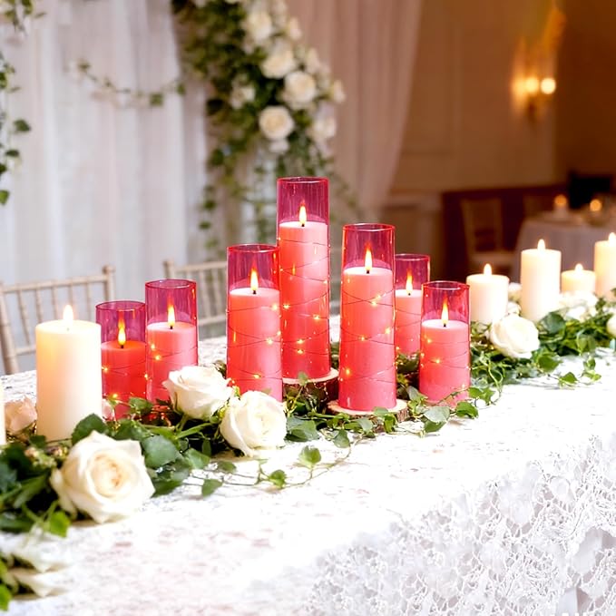 Nimiko Flickering Flameless LED Candles,Battery Operated Candles 9 Pcs with Embedded Star String,Acrylic LED Pillar Candles with Remote,Suitable for Home Decoration to Create an Atmosphere (Pink)