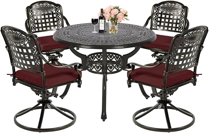 MEETWARM 5-Piece Outdoor Patio Dining Set, All-Weather Cast Aluminum Patio Conversation Set with 4 Cushions Swivel Rocker Chairs for Garden Backyard Deck and 38.5" Round Table, Chili Red