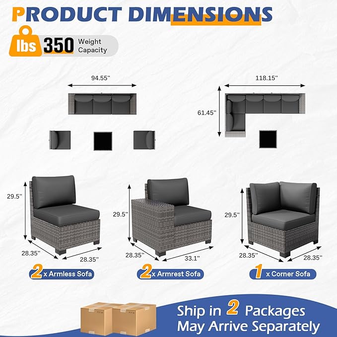 6 Pieces Patio Furniture Set with Table Gray Rattan Outdoor Sectional Sofa Conversation Sets for Balcony Lawn and Garden (Gray, 6 pcs w/Table)