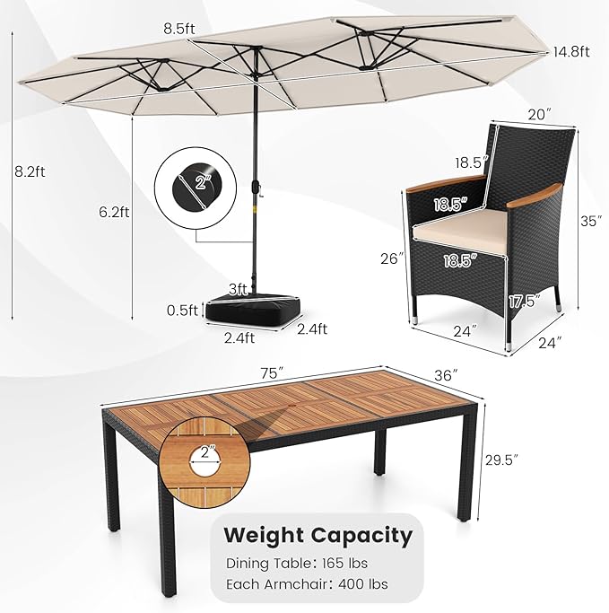 Tangkula 11 Pieces Patio Dining Set with Double-Sided Led Patio Umbrella (Base Included), with 8 Stackable Chairs, Acacia Wood Dining Table and Large Umbrella with Solar Lights (Beige + Off White)
