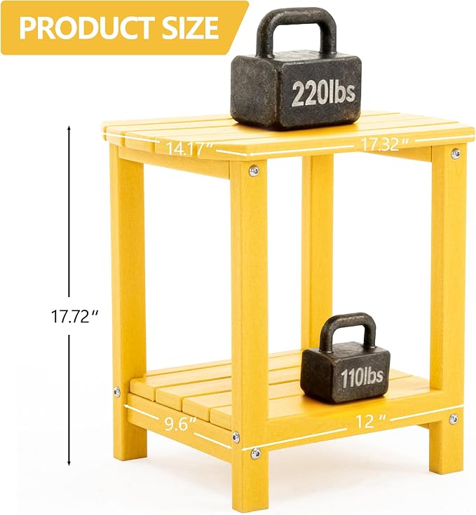Adirondack Small Outdoor Side Table - Weatherproof HDPE Patio End Table with 2-Tier Storage for Firepit, Balcony, Garden, Poolside or Bathroom (Yellow, Set of 2)