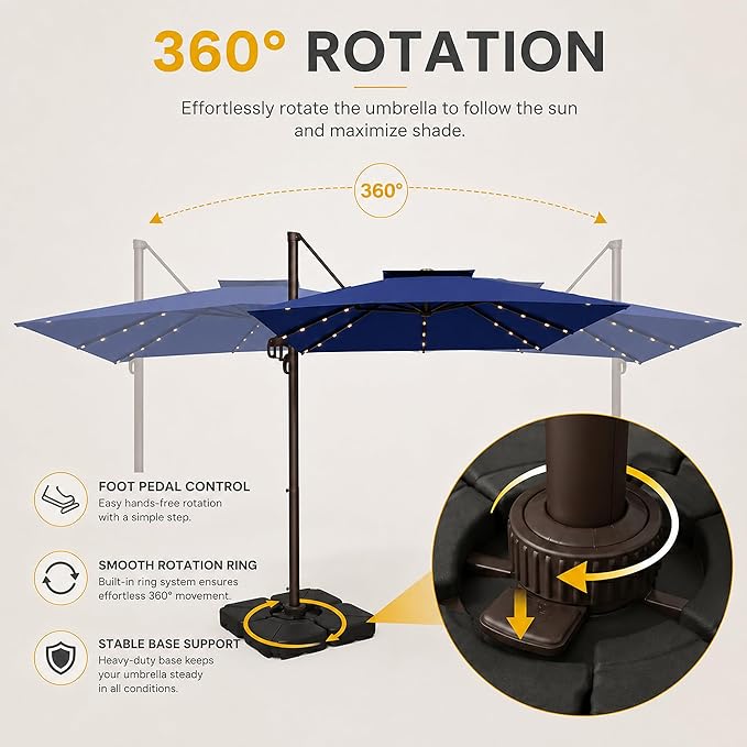 10FT Cantilever Patio Umbrella with Solar Lights, Large Outdoor 2 Tier Aluminum Offset Square Umbrellas 360 Degree Rotation for Garden Deck Pool