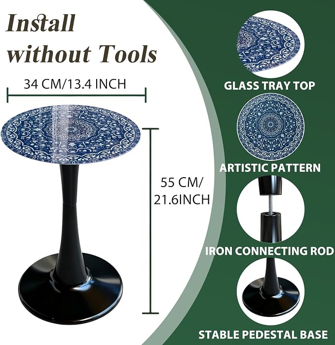 13.4" Outdoor Side Table, Round Patio Bistro Table Printed Tempered Glass Top, Waterproof Rust-Proof Base, Small Plant Stand for Balcony, Garden, Deck, 21.6" H (Blue Maze)